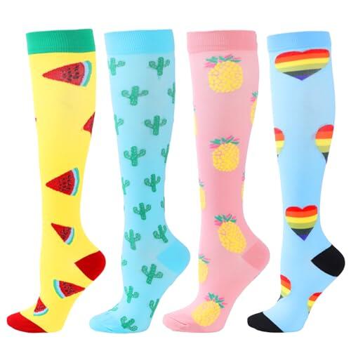 BISOUSOX 4 Pares Medias Calcetines de Compresión Mujer Hombre 15-20 mmHg Calcetines de Compresión Hasta la Rodilla Unisexo Calcetines de Ciclismo Correr Deporte Regalos para Mujeres Embarazadas