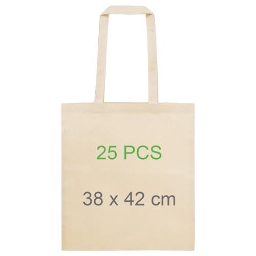 Adri 25 Bolsas de algodon con asas - Bolsa de Tela Para Pintar - 38x42cm 144g/m2 - Tote bag de la compra Asas Largas - para Transportar - Grande reutilizable. (25 Piezas)