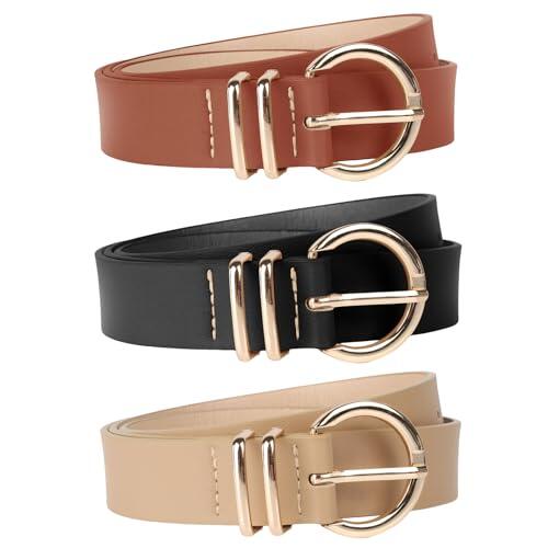 Euqvunn Paquete de 3 cinturones de poliuretano, estilo retro y a la moda, con hebilla dorada, para jeans, vestidos, pantalones, abrigos y accesorios