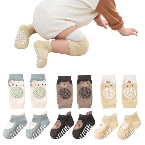 Mezrkuwr 3 pares de rodilleras para bebés y 3 pares de calcetines para bebés Juego de gateo para bebés, antideslizantes con puntos de goma, almohadillas para gatear, puños