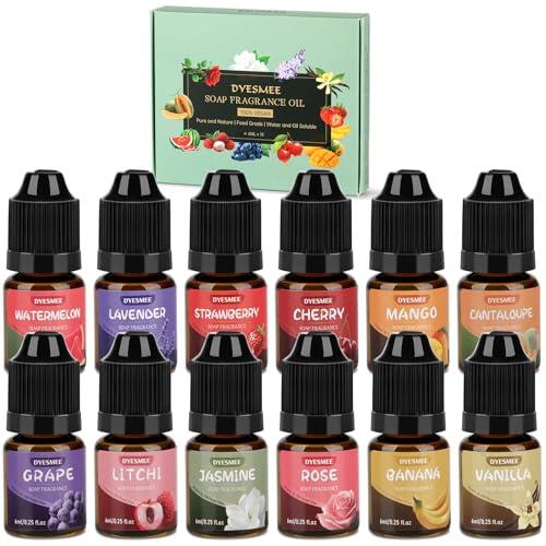 Aceite Aromático para Jabón, 12 x 6 ml de Aceite Aromático para Hacer Jabón, Juego de Aceites Aromáticos Líquidos para Bombas de Baño Caseras, Slime, Velas, Lociones, Cosméticos y Aromas para el Hogar