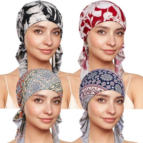 TSKNOMO 4 Piezas Pañuelos de Quimioterapia para Mujeres, Pañuelo Preatado para la Cabeza Cáncer para la Pérdida de Cabello, Talla única