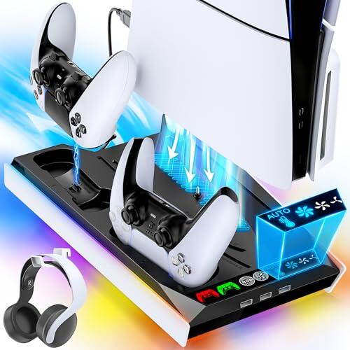 Soporte PS5 con Ventilador Refrigerador Automático, Soporte Vertical PS5 Slim con Cargador Mando PS 5, Base de Carga PS5 para Mando P5 & Edge & PS 5 Pro, Accesorios PS 5/ P5 Slim