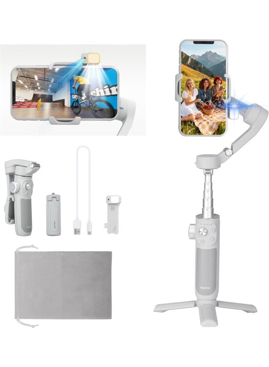 FeiyuTech VB4 Estabilizador de Móvil con Seguimiento IA, Barra Extensible de 216 mm y Luz Integrada, Gimbal 3 Ejes para Smartphone, Compatible con iPhone 17/16 y Samsung S25, Ideal para Vlog y Vídeo