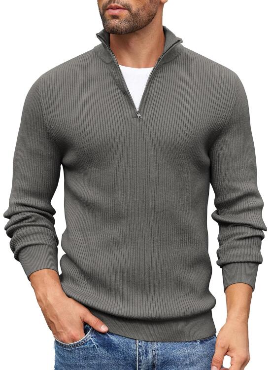 COOFANDY Jersey Hombre Invierno Suéter Cuello Alto Regular Fit Jersey de Canalé con Cremallera de un Cuarto Suéteres de Punto