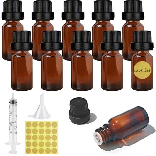 Furuising 10 Piezas 10ml Botellas Vacías de Aceite Esencial de Vidrio Ámbar, Botella de ámbar Vacía, Pequeñas Botellas de Cristal con Tapa Jeringa Embudo para Masaje/Aromaterapia/Perfume