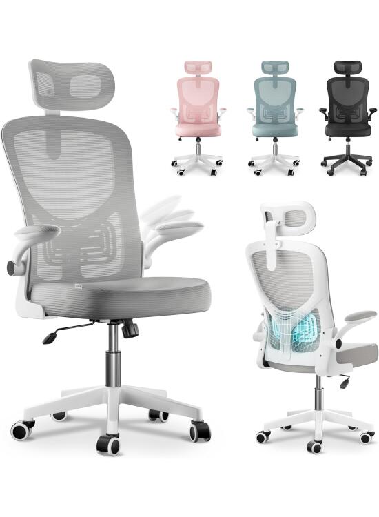 JUPPLIES Silla Escritorio Ergonómica con Soporte Lumbar, Reclinable 120°, Reposacabezas Ajustable, Reposabrazos Abatibles, Malla Transpirable, Ruedas 360°, Altura Regulable, Soporta 120 kg