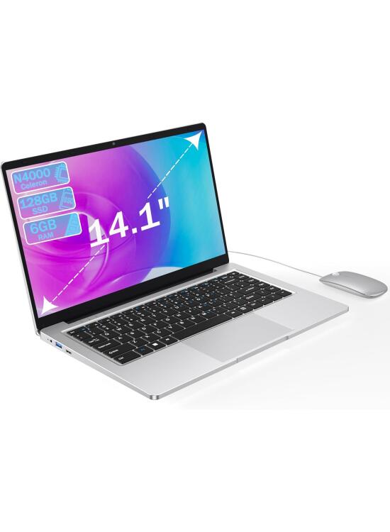 Ordenador portátil de 14,1 Pulgadas, Dual-Core, 6 GB RAM, 128 GB SSD, UHD 1366 x 768, diseño sin Ventilador, Wi-Fi 5G, Teclado de Membrana, ratón Incluido