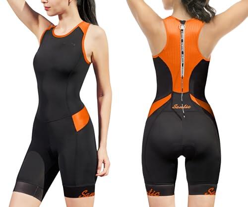 Santic Traje de triatlón para mujer, sin mangas, acolchado, secado rápido, para ciclismo, natación, correr, naranja., S