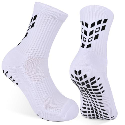 Gogogoal Grip Calcetines de fútbol antideslizantes para hombre y mujer, transpirable y acolchado, antideslizantes, para rugby, 43-50, Blanco L 4-pares