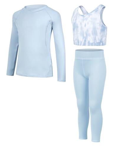 JiAmy Conjunto de Leggings de Yoga para Niñas 3 Piezas Camisetas Deportivas de Manga Larga, Top Corto y Ropa Deportiva para Edades 5-12 Años