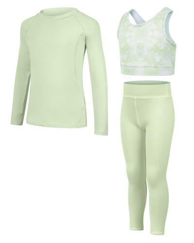 JiAmy Conjunto de Leggings de Yoga para Niñas 3 Piezas Camisetas Deportivas de Manga Larga, Top Corto y Ropa Deportiva para Edades 5-12 Años