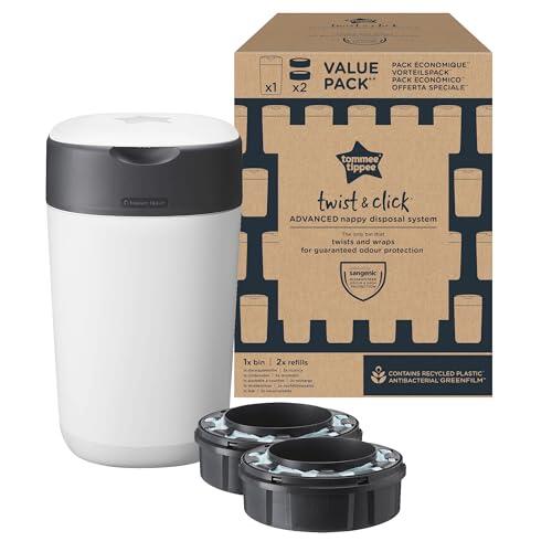 Tommee Tippee Contenedor de Pañales Twist & Click, Paquete Exclusivo con 2 Cartuchos de Recambio (1 Precargado y 1 Extra), Protección Garantizada Contra Olores y Gérmenes, el Paquete Puede Variar