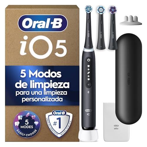 Oral-B iO 5 Cepillo de Dientes Eléctrico con 3 Cabezales, Negro | Cepillo Dental con Sensor de Presión, 5 Modos de Cepillado con Modo Blanqueante, Estuche de Viaje, Embalaje de Cartón