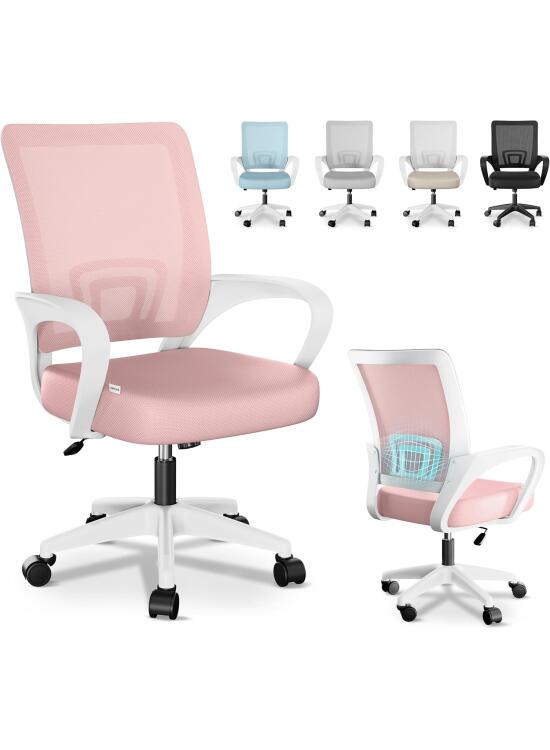 JUPPLIES Silla Escritorio Ergonomica - Silla Oficina con Apoyo Lumbar, Estructura de Plastico, Malla Transpirable, Ruedas Giratorias 360° Soporta hasta 110kg (Rosa)