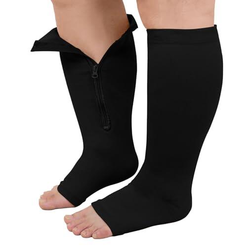 PUTUO Medias de Compresion Talla Grande: Calcetines Compresión con Cremallera Punta Abierta Hombre Mujer Negro 3XL 1par