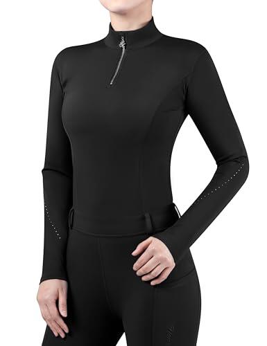 Harrison Howard Camiseta de manga larga con cuello alto, transpirable, cómoda, elástica con detalles bordados, favorecedora para espectáculos de competición, Negro -, M