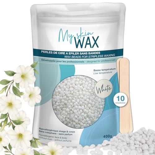 My Skin Wax - Perlas de Cera para Depilación Sin Bandas, 400g, Hipoalergénico, Depilatoria Indolora Sin Enrojecimiento, Especial Para Pieles Sensibles Hombre Mujer, Depilar Facial, Brasileño Blanco