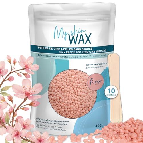My Skin Wax - Perlas de Cera para Depilación Sin Bandas 400g, Hipoalergénico, Depilatoria Indolora Sin Enrojecimiento, Especial Para Pieles Sensibles Hombre Mujer, Depilar Facial, Brasileño,Rosa