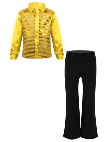 Aislor Traje De Danza Jazz Hip Hop Para Niños Camisa De Lentejuelas Brillantes De Manga Larga Con Pantalones Ropa Para La Actuación Dorado 11-12 años