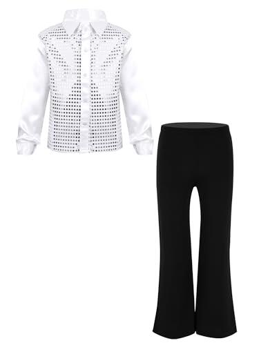 Aislor Traje De Danza Jazz Hip Hop para Niños Camisa De Lentejuelas Brillantes De Manga Larga con Pantalones Ropa para La Actuación Blanco 9-10 años