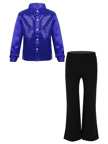 Aislor Traje De Danza Jazz Hip Hop para Niños Camisa De Lentejuelas Brillantes De Manga Larga con Pantalones Ropa para La Actuación Azul 11-12 años