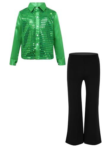Aislor Traje De Danza Jazz Hip Hop para Niños Camisa De Lentejuelas Brillantes De Manga Larga con Pantalones Ropa para La Actuación Verde 11-12 años