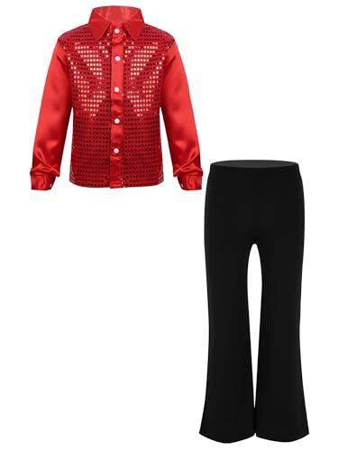 Aislor Traje De Danza Jazz Hip Hop para Niños Camisa De Lentejuelas Brillantes De Manga Larga con Pantalones Ropa para La Actuación Rojo 11-12 años