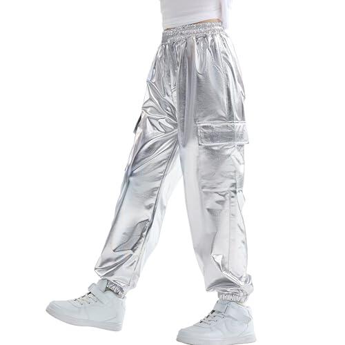 Rolanko Pantalones Cargo Niñas, Dance Hip Hop Pantalones Metálicos Brillantes Cintura Elástica Retro Streetwear, Plateado, 13-15 años,170