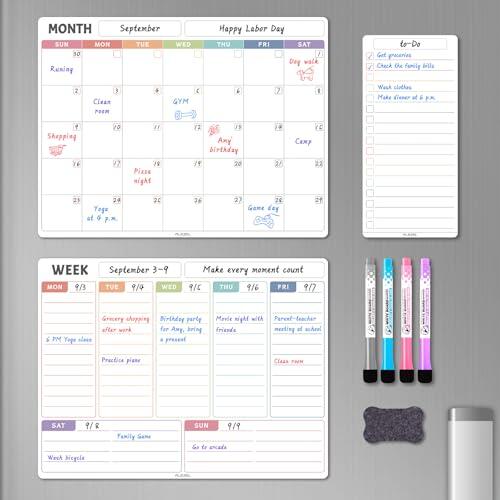 ALEZEL Calendario magnético de borrado en seco para refrigerador, calendario de borrado en seco, juego de pizarra blanca para nevera, planificador mensual y semanal magnético con tablero de lista, 4