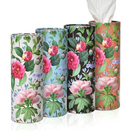 Paquete de 4 soportes para pañuelos de coche con pañuelos faciales botánicos elegantes florales de viaje tubos de pañuelos de viaje contenedor para pañuelos de coche, soporte cilíndrico para vasos de