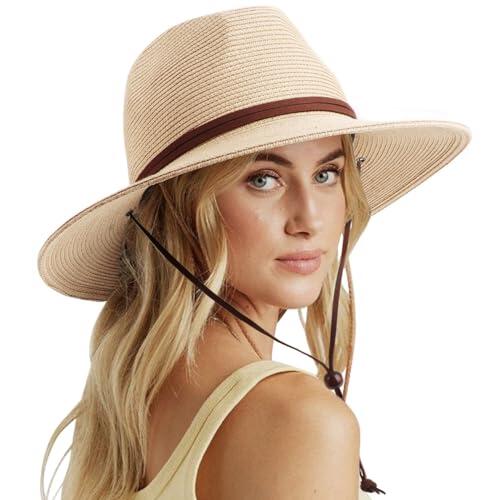 DRESHOW Mujeres Sombrero de Panamá de Paja con Ala Ancha - UPF 50+ para Verano y Playa Fedora