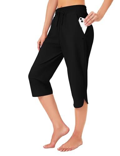 FitsT4 Sports Pantalones capris de natación para mujer, de secado rápido, UPF 50+, pantalones de baño modestos con bolsillos de malla, Negro -, Large