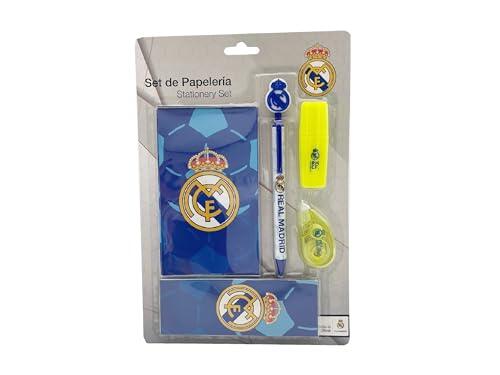 CYPBRANDS Real Madrid, Set de Papelería, Escritura, Marcapáginas, Subrayador, Corrector,Bolígrafo, Block de Notas, Color Blanco, Producto Oficial