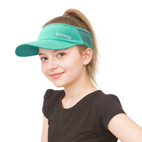 Sukeen Gorra solar de secado rápido para mujer, visera para niños, protección UV, visera para niños de 5 a 12 años, visera elástica con banda transpirable que absorbe el sudor, azul oscuro, 54