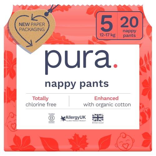 Pura Eco Nappy Pants - Size 5 (12-17kg), 20 Nappies, Pull Up Disposable Baby Nappies for Sensitive & Allergy Prone Skin, Hypoallergenic, Fragrance Free, Easy-Tear Side, New Size Guide