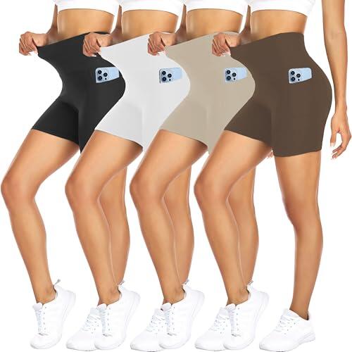FULLSOFT Paquete de 4 Pantalones Cortos de Ciclista para Mujer con Bolsillos, Cintura Alta de 5 Pulgadas, Control de Abdomen, Entrenamiento, Yoga, Correr, Gimnasio, Tenis