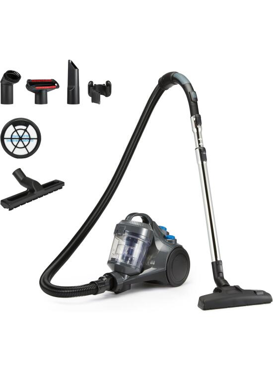 Amazon Basics Aspirador sin Bolsa Cilíndrico 1.3L Compacto Ligero con Boquilla Triple Acción, Filtro HEPA, 850W, para Alfombras y Suelos Duros, Gris
