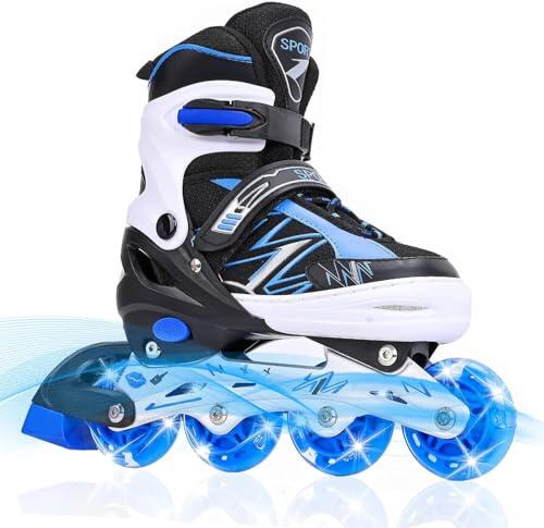 DUZSKJ Patines en línea Ajustables para niños y niñas con Ruedas de iluminación, Patines Ajustables para niños, para Principiantes, niños, Juegos al Aire Libre en Interiores (Negro & Azul, M)