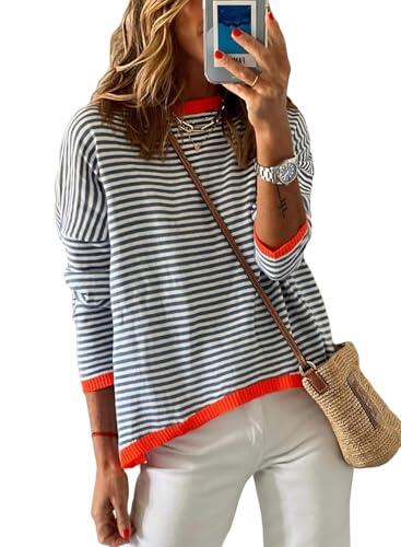 Cuptacc Jersey Mujer A Rayas Manga Larga Cuello Redondo Algodón Tops Casual Punto, Beige Rojo