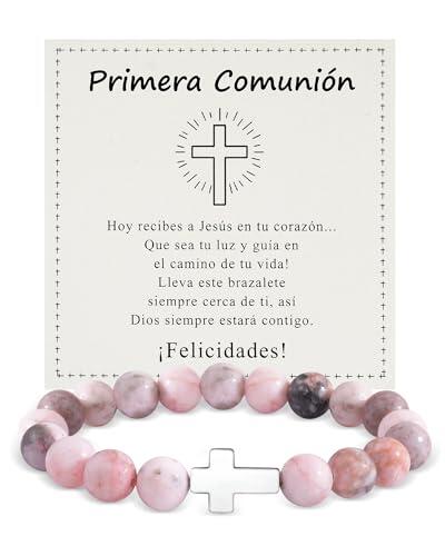 BOCHOI Regalos Comunion Niña Regalo Niña Primera Comunion Pulsera Cruzada Para Adolescentes Joyas de Fe Religiosa de Acero Inoxidable Cumpleaños Bautizos, Fiestas Pulsera Pórfido Rosa