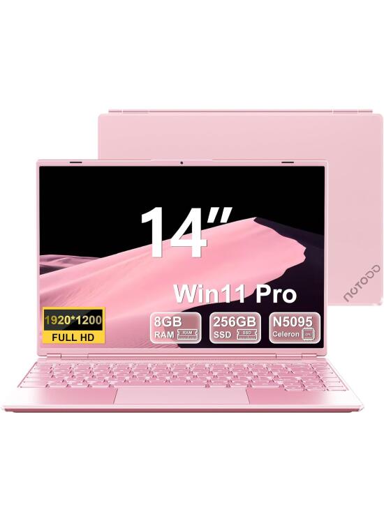 2025 Ordenador Portátil 14 Pulgadas Win11 Pro Portatiles Celeron N5095 8GB RAM 256GB SSD 1TB Expand (TF 512GB) 1920x1200 Laptop con Type-C WiFi 5G Mini HDMl Membrana de Teclado Español - Rosa
