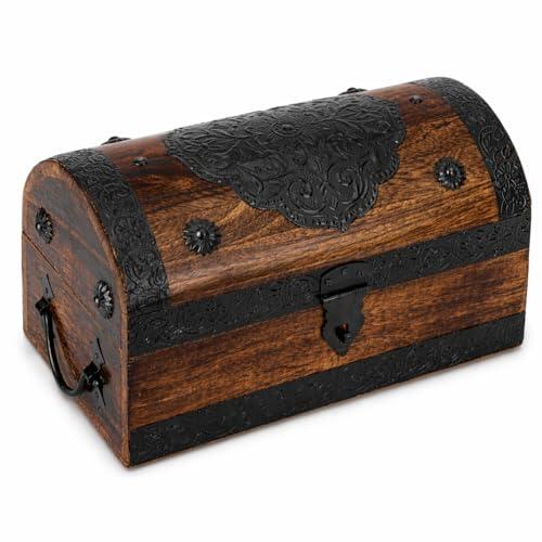 Ajuny Cofre del Tesoro Pirata de Madera de Mango Hecho a Mano, Caja Decorativa Vintage para Joyas Recuerdos y Baratijas, Baúl con Tiras de Concha, Organizador Rústico para Regalo 28 x 15 x 15 cm