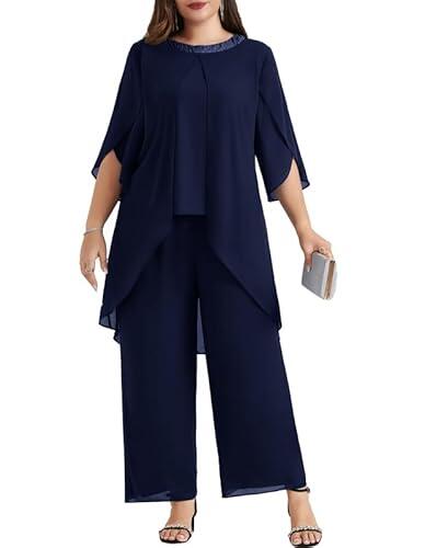 Hanna Nikole Trajes de talla grande para madre de la novia, conjuntos de pantalón de gasa para invitada de boda, 2 piezas, trajes de festival, trajes elegantes, cuello redondo de lentejuelas y cintura