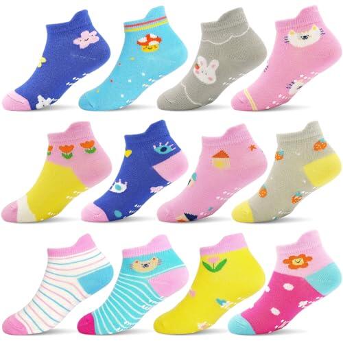 GRPSKCOS Calcetines para niños pequeños con agarre 12 pares Calcetines antideslizantes de tobillo para niñas y niños de 1 a 7 años, 5-7 años