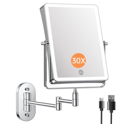 Famihomii 5000mAh Espejo de Maquillaje Recargable con iluminación LED, Espejo de Maquillaje con Aumento de 1/30x e Interruptor táctil, Espejo de Afeitar Regulable, Giratorio 360° (Cromo)
