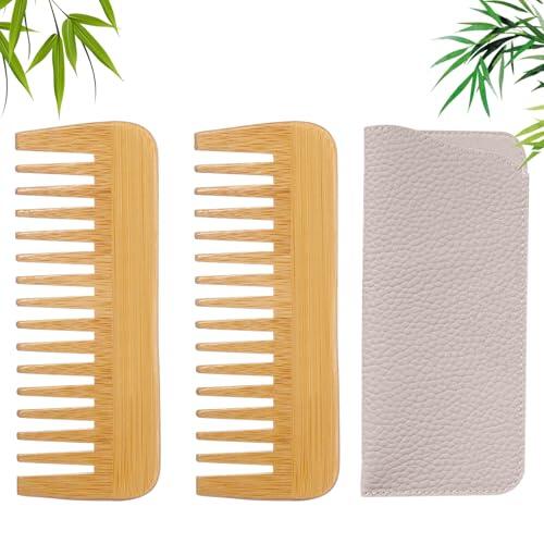 Peine madera, peine puas anchas destornillado peine pelo rizado peine bambu peine antiestático pequeña naturaleza peine de bolsillo 2 piezas, con 1 funda de cuero artificial (13,5 * 5cm)