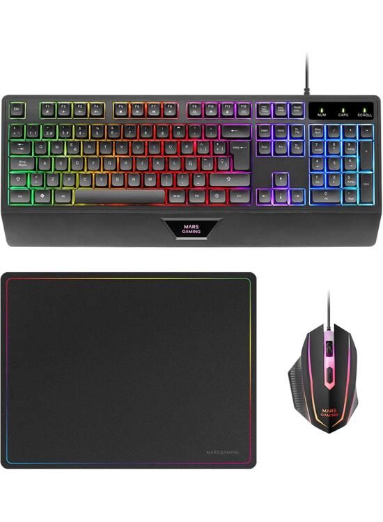 Mars Gaming MCP124, Layout Español, Combo Gaming 3en1, Teclado Ergonómico H-Mech LED RGB, Ratón RGB 3200DPI Switches HUANO, Alfombrilla Nanotextil 360x260mm, Compatibilidad Multiplataforma, Negro