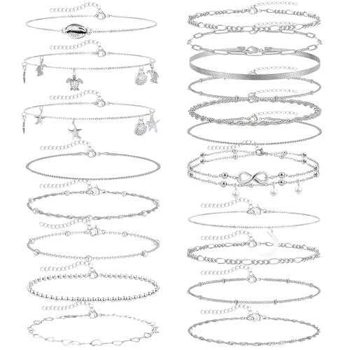 JSTHHTT 19Pcs Pulsera TobilloConjunto de Tobilleras Mujer Plateadas,Pulsera Tobillo de Moda para Mujer,Tobilleras Pulseras Elegantes y Atractivas,Ideal para Complementar Estilo,Tobillera Plata