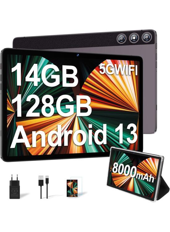 DMOAO Tablet 10 Pulgadas con 14GB RAM 128GB ROM, Android 13 Tablet 2 en 1, Octa-Core 1TB Ampliable, WiFi 5G, Cámara 8MP+5MP, 8000mAh, fTeclado, BT5.0/GPS/OTG, Gris